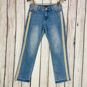 POL Jeans Womens Size Small Blue Fringe Raw Hem Mid Rise Pants Denim Gold